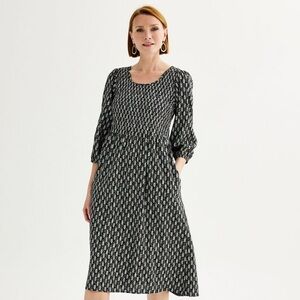 Croft & Barrow 3/4 Sleeve Smocked Challis Elegant Black White Patterned Dress
